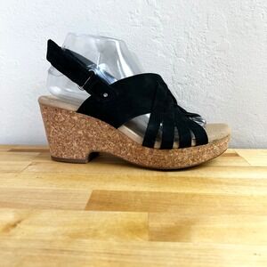 Clarks Wedges Giselle Black Suede Strappy Cork Platform Sandals Size 9